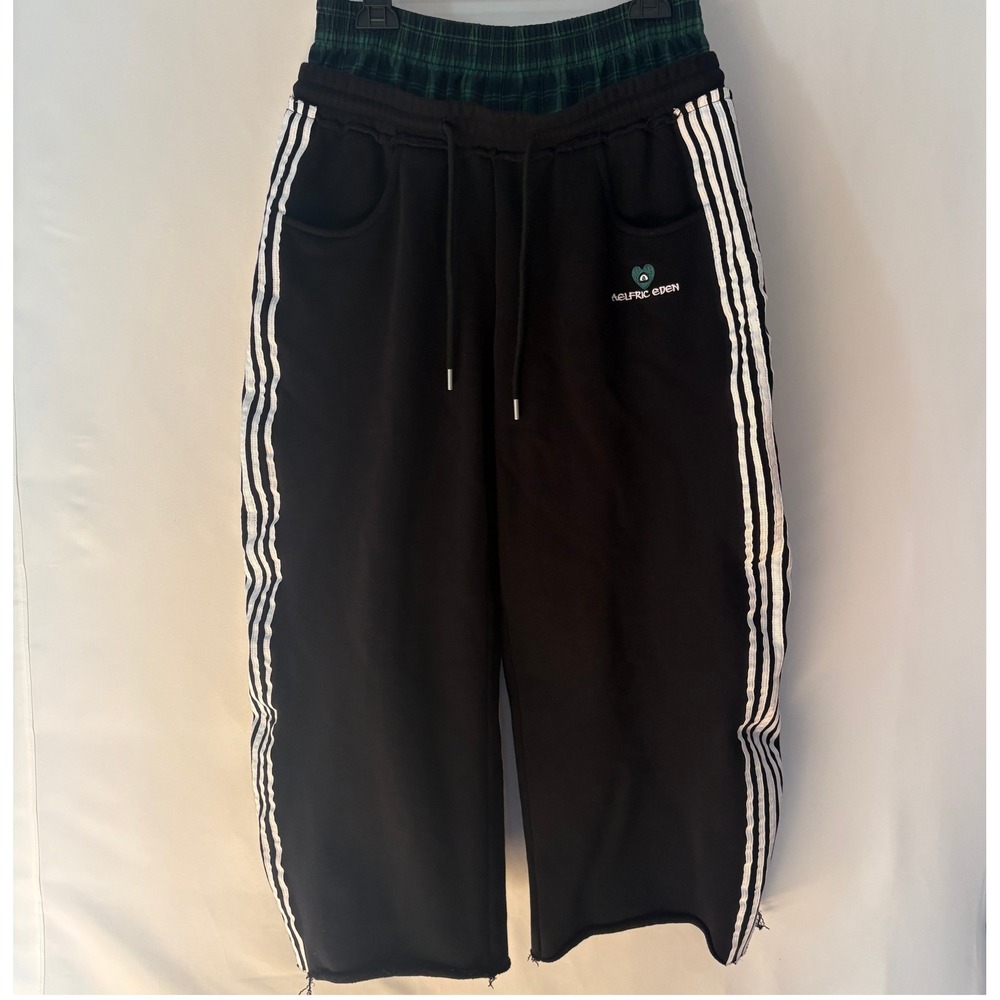 Aelfric Eden Black Blue/Green Plaid Waistband Barrel Sweatpants Wide Leg Small